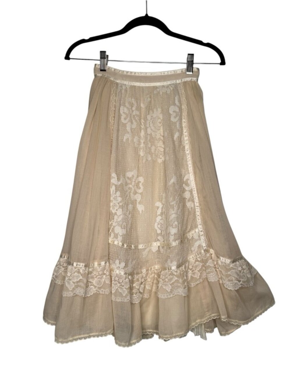 Vintage 70s Gunne Sax Black Tag Cream Lace Prairie Maxi Skirt Sheer Boho Size 3